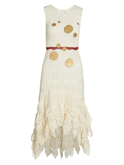Loewe + Paula's Ibiza Asymmetric Embellished Crocheted Cotton-blend Midi Dress In Off-white/