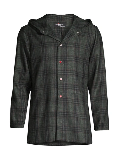 Kiton Plaid Cashmere-blend Hooded Shirt Jacket In Dark Green
