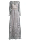 Mac Duggal Bugle Beaded Long-sleeve Column Gown In Platinum