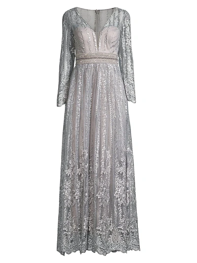 Mac Duggal Bugle Beaded Long-sleeve Column Gown In Silver