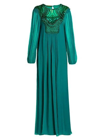 Alberta Ferretti Embellished Bodice Long Sleeve Organic Silk Chiffon Gown In Sea Green