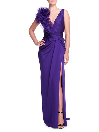 Marchesa V-neckline Applique Slit Gown In Violet