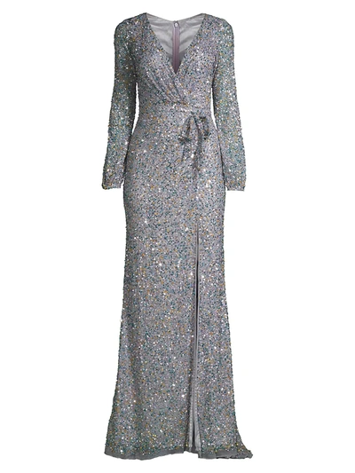 Mac Duggal Sequin Wrap Gown In Silver