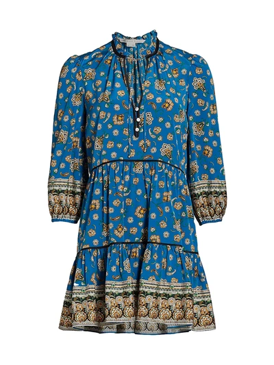Veronica Beard Hawken Tiered Paisley-print Stretch-silk Mini Dress In Blue Multi