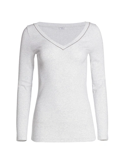 Brunello Cucinelli Ribbed Jersey V-neck Top In Marble