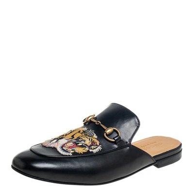 Pre-owned Gucci Black Tiger Embroidered Leather Princetown Horsebit Mules Size 44