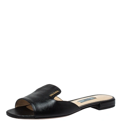 Pre-owned Prada Black Saffiano Leather Flat Slides Size 36.5