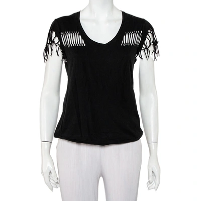Pre-owned Zadig And Voltaire Black Cotton Scoop Neck Wanda Fringes T-shirt Xs