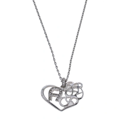 Pre-owned Aigner Silver Tone Crystal Logo Heart Pendant Necklace