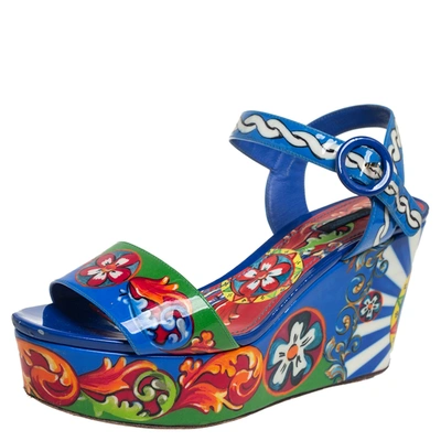 Pre-owned Dolce & Gabbana Multicolor Print Patent Leather Ankle Strap Platform Wedge Sandals Size 40 In Blue