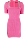 BALMAIN SHORT PINK KNIT DRESS WITH SILVER EMBROIDERY