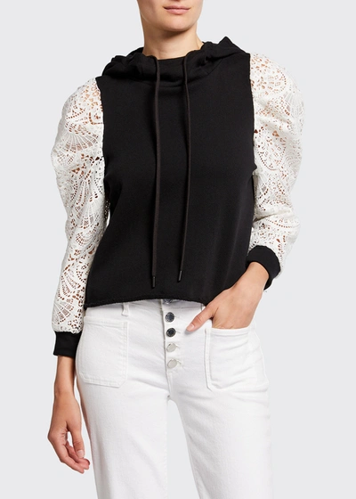 Alice And Olivia Women's Muffy Lace Puff-sleeve Hoodie In Black/white