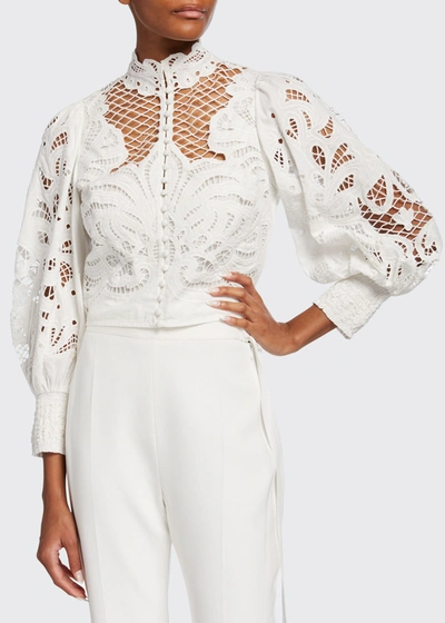 Alice And Olivia Yaz Eyelet Cropped Blouse In White