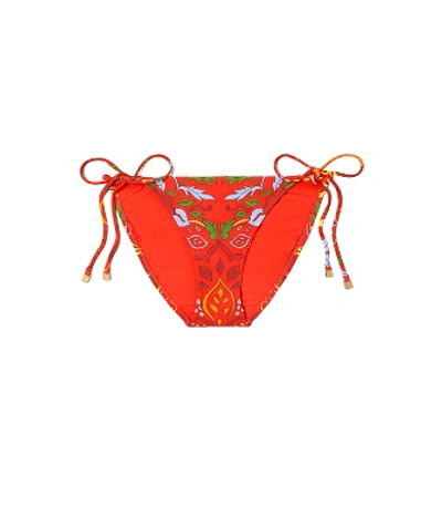 Tory Burch Printed String Bikini Bottom In Red Folk Art Print
