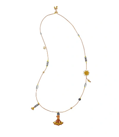 Tory Burch Charm Long Necklace In Rolled Brass / Vachetta / Multi