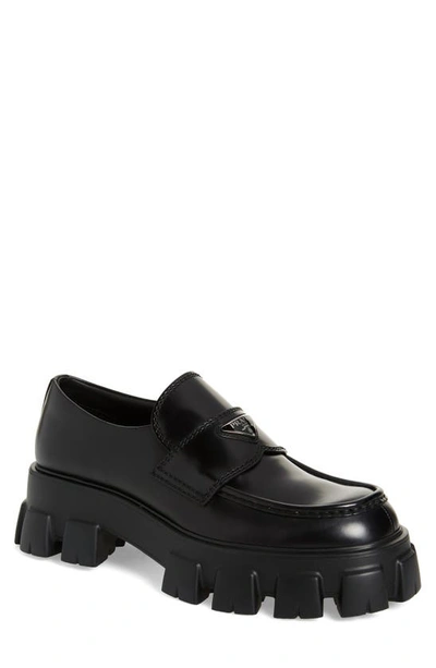 Prada Monolith Brushed Leather Loafers In Black