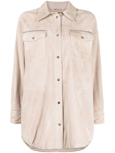 Brunello Cucinelli Monili-trim Suede Shirt Coat In Neutrals