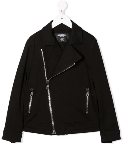 Balmain Kids' Zip-up Cotton Biker Jacket In Black