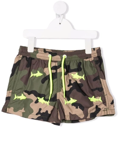 Mc2 Saint Barth Kids' Camouflage Shark Print Shorts In Green