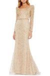 Mac Duggal Embroidered Applique Shoulder Detail Trumpet Gown In Light Gold