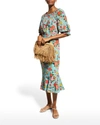 Saloni Grace Off-the-shoulder Floral-print Silk Crepe De Chine Midi Dress In Azure Dahlia