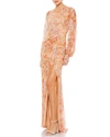 Mac Duggal Sequin Floral-print Long-sleeve Column Gown In Apricot