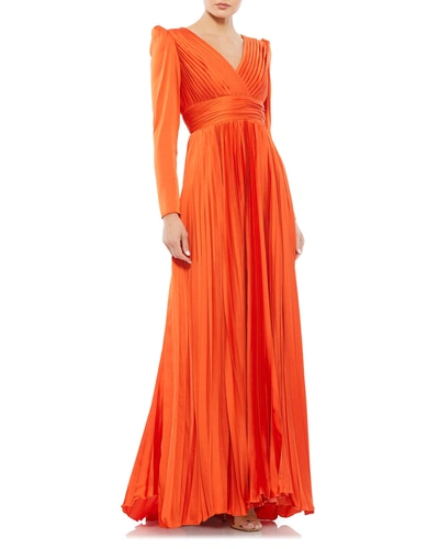 Mac Duggal Long-sleeve Pleated Chiffon A-line Gown In Sunset