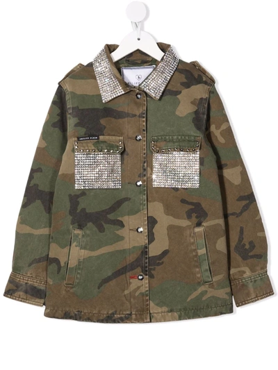 Philipp Plein Kids' Camouflage-print Rhinestone Overshirt In 50 Camouflage