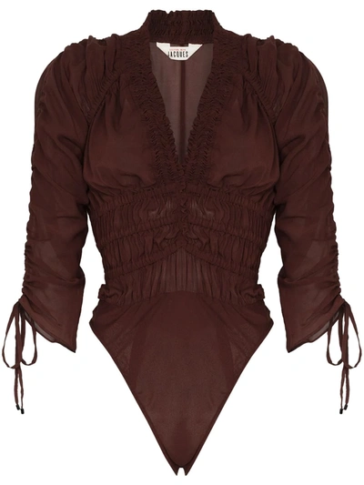 Sleeping With Jacques Rachel V-neck Shirred Bodysuit In Braun