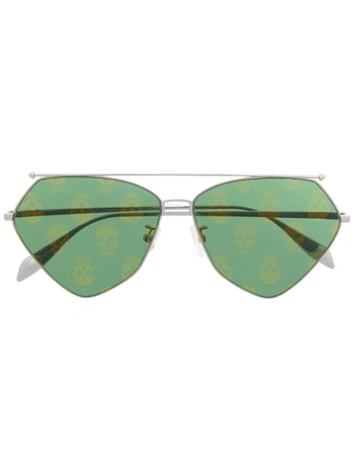 Alexander Mcqueen Sunglasses Am0317s Ruthenium Top Piercing Aviator-frame Unisex Sunglasses In Silver,green