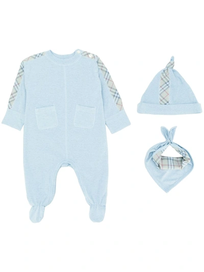 Burberry Check Cotton Three-piece Baby Gift Set In Blue