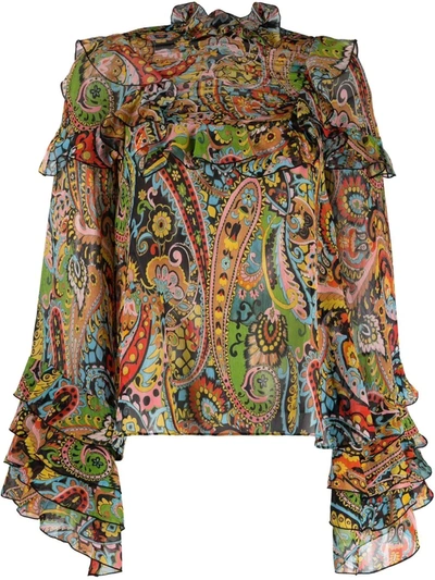 Etro California Paisley Print Ruffle Silk Blouse In Multi