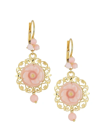 Dolce & Gabbana 18k Yellow Gold Pink Opal Rose Pendant Earrings