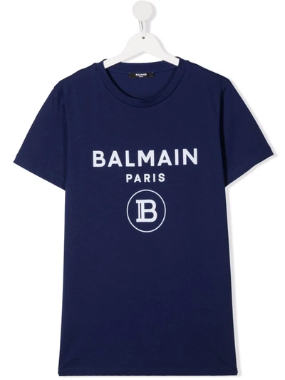 Balmain Kids' Logo印花t恤 In Blue