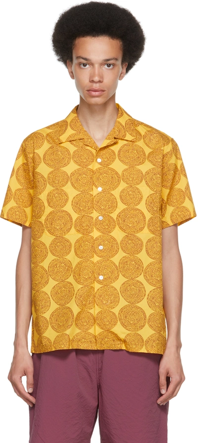 Beams Yellow Dobby Print Open Collar Short Sleeve Shirt In Mustard 55