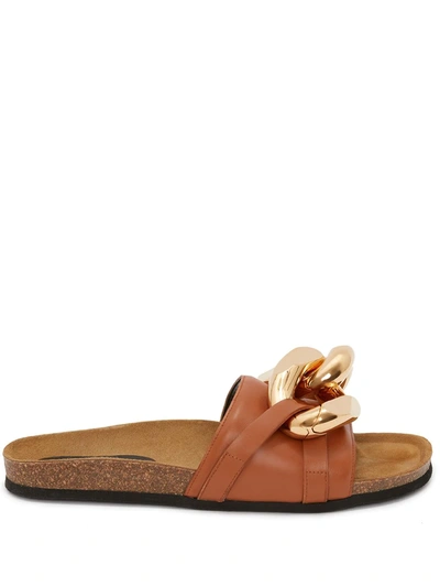 Jw Anderson Chain-embellished Leather Slides In Brown