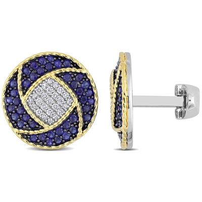 Amour 1 1/2 Ct Tgw Sapphire And 1/3 Ct Tw Diamond Cufflinks In 2-tone 14k Yellow Gold With Sterling In Two-tone