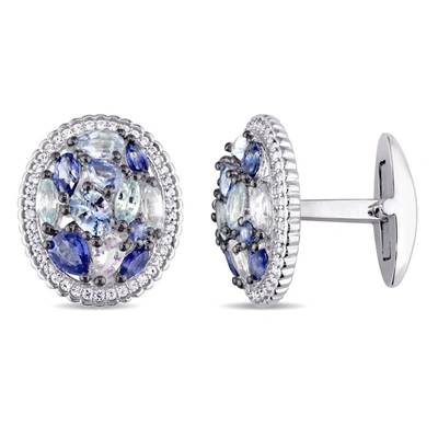 Amour 6ct Tgw Blue And White Sapphire Clustered Halo Cufflinks In Sterling Silver