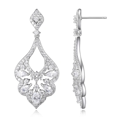 Morgan & Paige Rhodium Platred Sterling Silver Pear & Round Diamondlite Cz Chandelier Earrings In Silver Tone,white