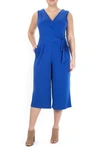 Nina Leonard Surplice Wrap Cropped Jumpsuit In Deep Sea