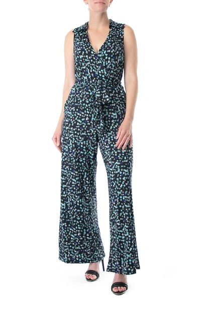 Nina Leonard Sleeveless Faux Wrap Jumpsuit In Bla/ri Mul