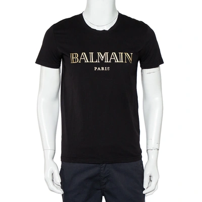 Pre-owned Balmain Black Cotton Metallic Logo Printed Crewneck T-shirt M