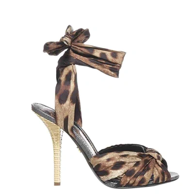 Pre-owned Dolce & Gabbana Brown Twill Leopard Print Sandals Size Eu 37.5