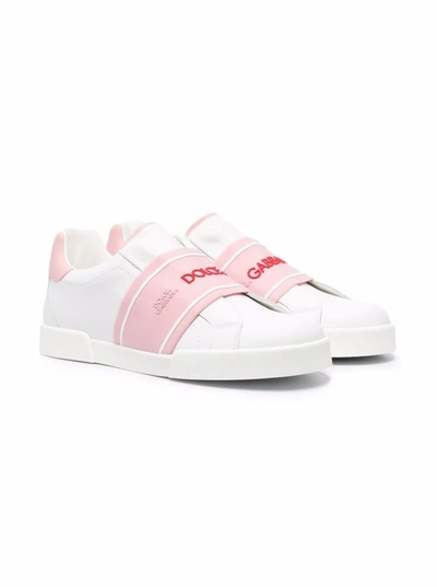 Dolce & Gabbana Babies' Leather Sneakers With Logo Band In White