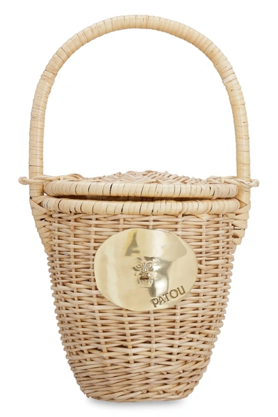 Patou Logo Plaque Wicker Bucket Bag In Beige