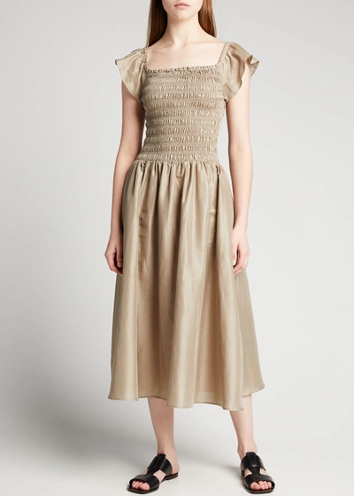 Totême Smocked Tea-length Dress In Concrete Grey