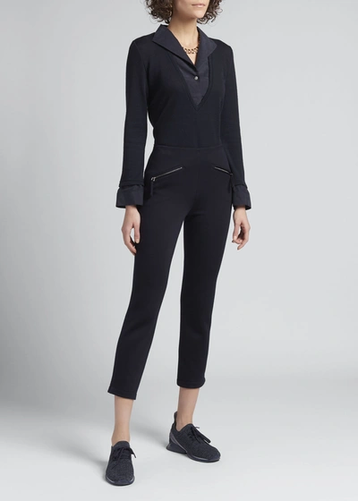 Giorgio Armani Wool Trompe L'oeil V-neck Top In Solid Dark Blue