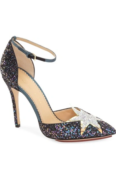 Charlotte Olympia Twilight Princess Satin-trimmed Glittered Leather Pumps In Night Sky
