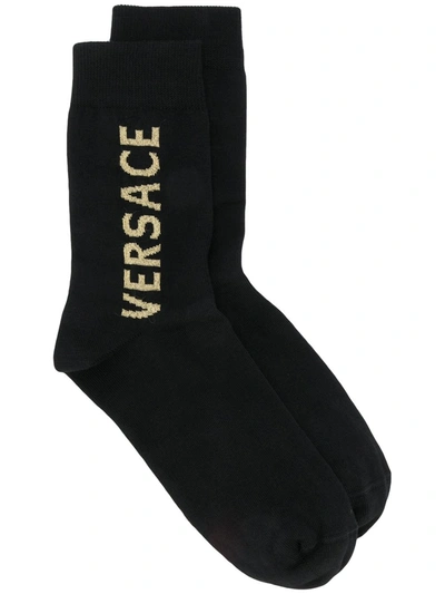 Versace Logo Intarsia Socks In Black/gold