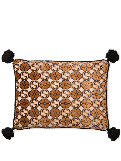 Gucci Floral Interlocking G Tartan Cushion In Brown,yell,ivor